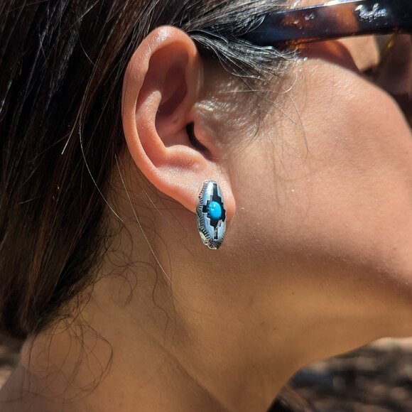Navajo Shadow Box Turquoise Stud Earrings Sterling Silver Native Am Jewelry*** - Picture 4 of 10